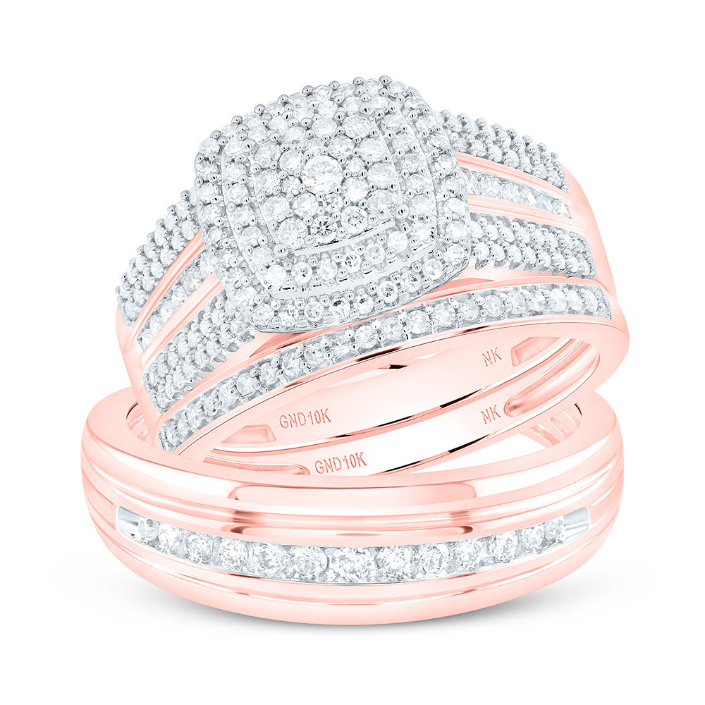 10kt Rose Gold His Hers Round Diamond Square Matching Wedding Set 3/4 Cttw