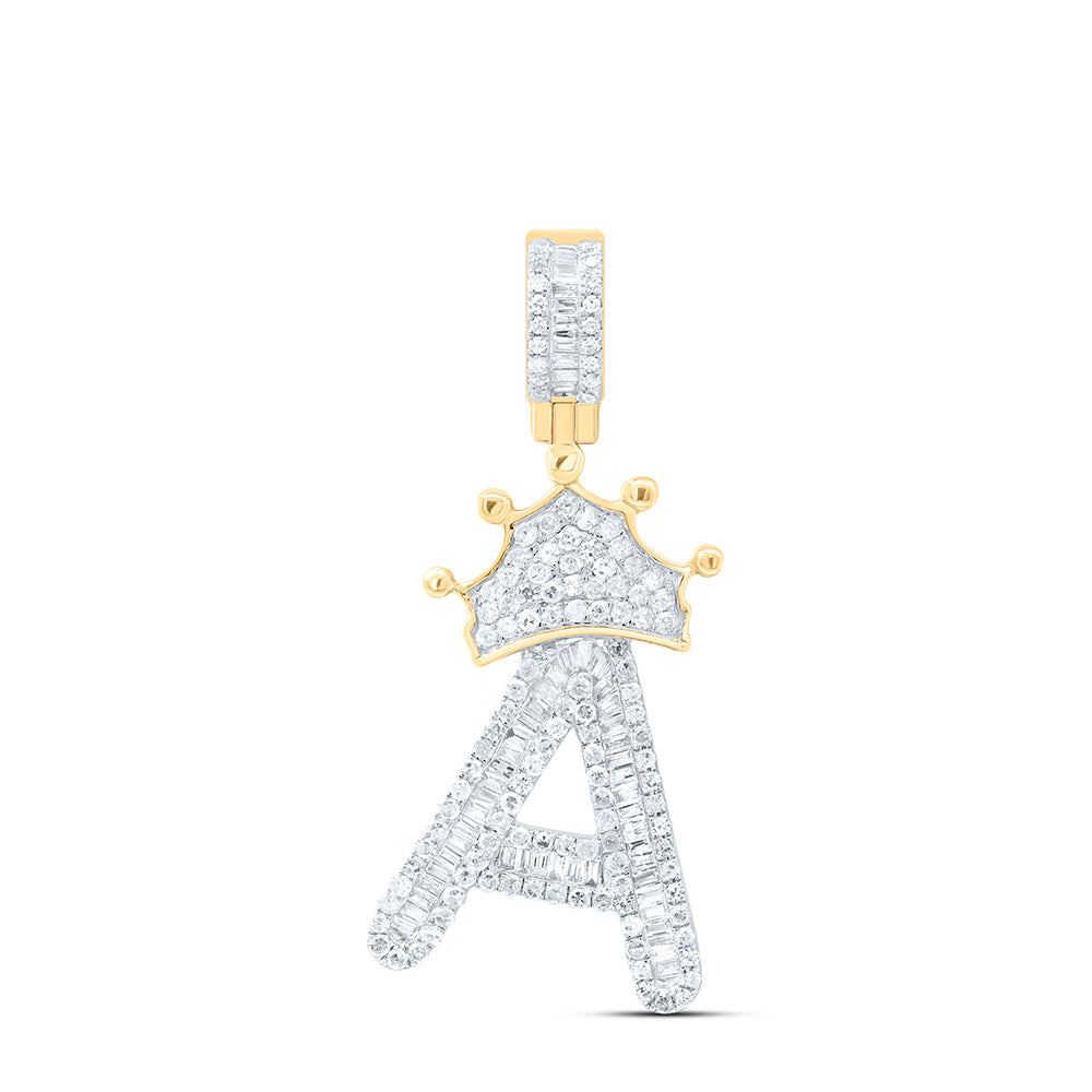 10kt Yellow Gold Mens Baguette Diamond Crown A Letter Charm Pendant 7/8 Cttw