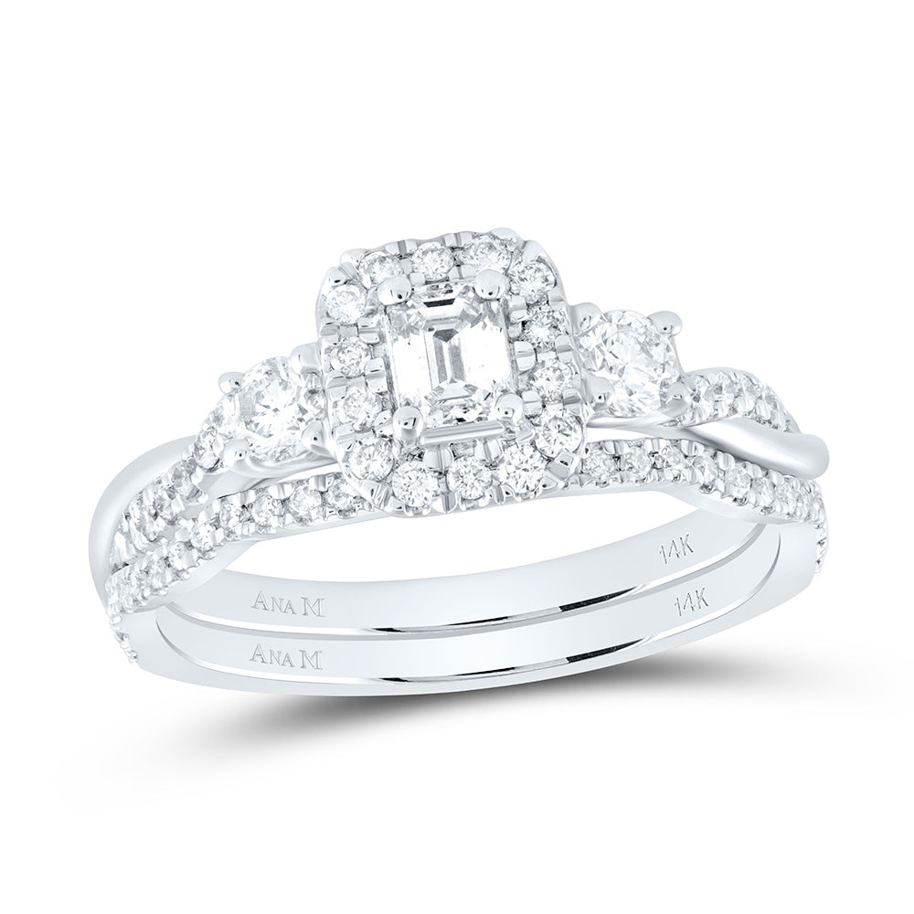 14kt White Gold Emerald Diamond Halo Bridal Wedding Ring Band Set 3/4 Cttw