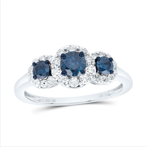 10kt White Gold Round Blue Color Enhanced Diamond 3-stone Bridal Wedding Ring 1 Cttw