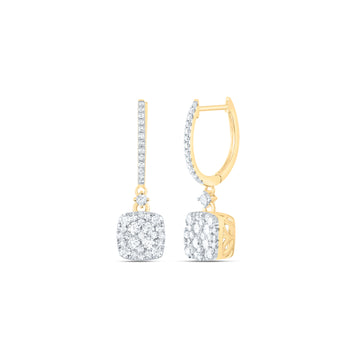 14kt Yellow Gold Womens Round Diamond Square Dangle Earrings 1 Cttw