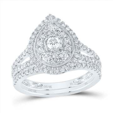 10kt White Gold Round Diamond Teardrop Bridal Wedding Ring Band Set 1 Cttw