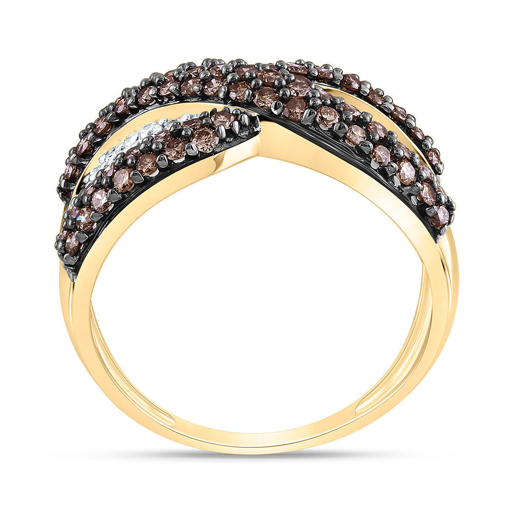 10kt Yellow Gold Womens Round Brown Diamond Crossover Stripe Band Ring 1 Cttw