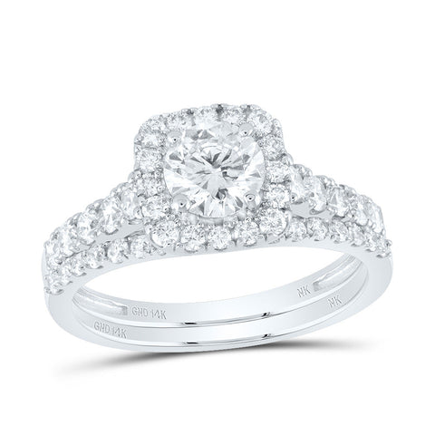 14kt White Gold Round Diamond Halo Bridal Wedding Ring Band Set 1-1/2 Cttw