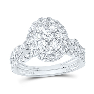 10kt White Gold Round Diamond Oval Cluster Bridal Wedding Ring Band Set 1-1/2 Cttw