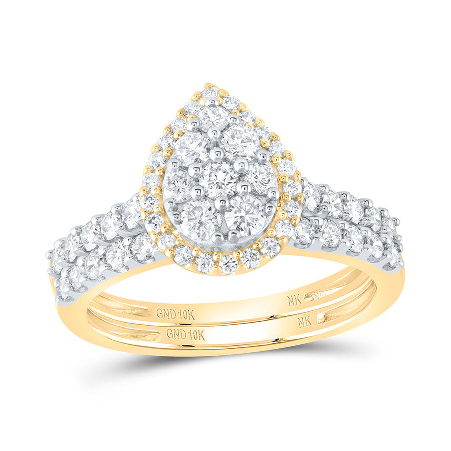 10kt Yellow Gold Round Diamond Teardrop Bridal Wedding Ring Band Set 1 Cttw