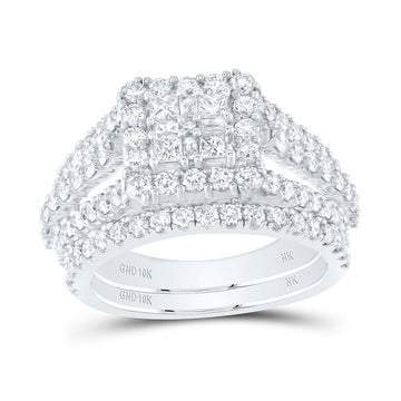 10kt White Gold Princess Diamond Square Bridal Wedding Ring Band Set 2 Cttw