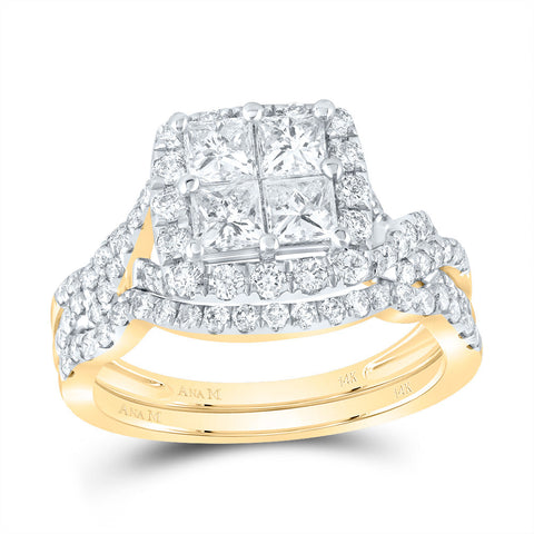 14kt Yellow Gold Princess Diamond Square Bridal Wedding Ring Band Set 1-7/8 Cttw