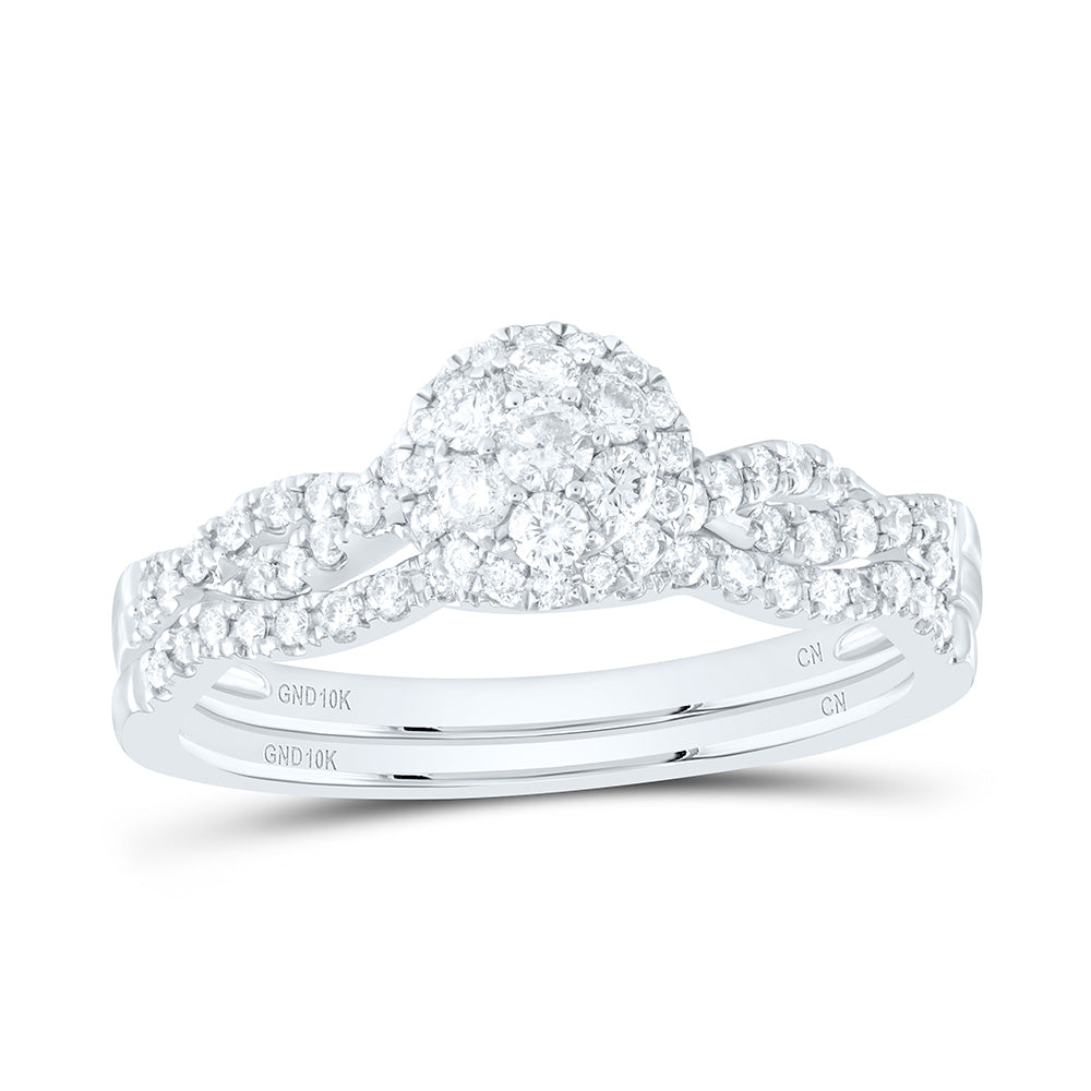 10kt White Gold Round Diamond Cluster Bridal Wedding Ring Band Set 1/2 Cttw