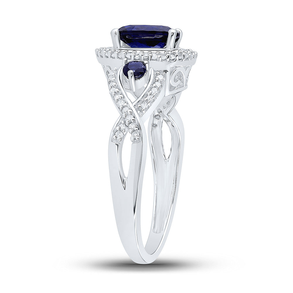 10kt White Gold Womens Oval Synthetic Blue Sapphire 3-stone Ring 1-1/2 Cttw