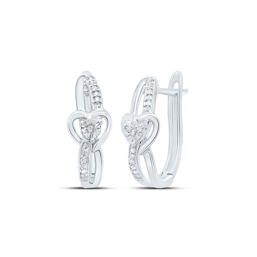 Sterling Silver Womens Round Diamond Heart Hoop Earrings 1/20 Cttw