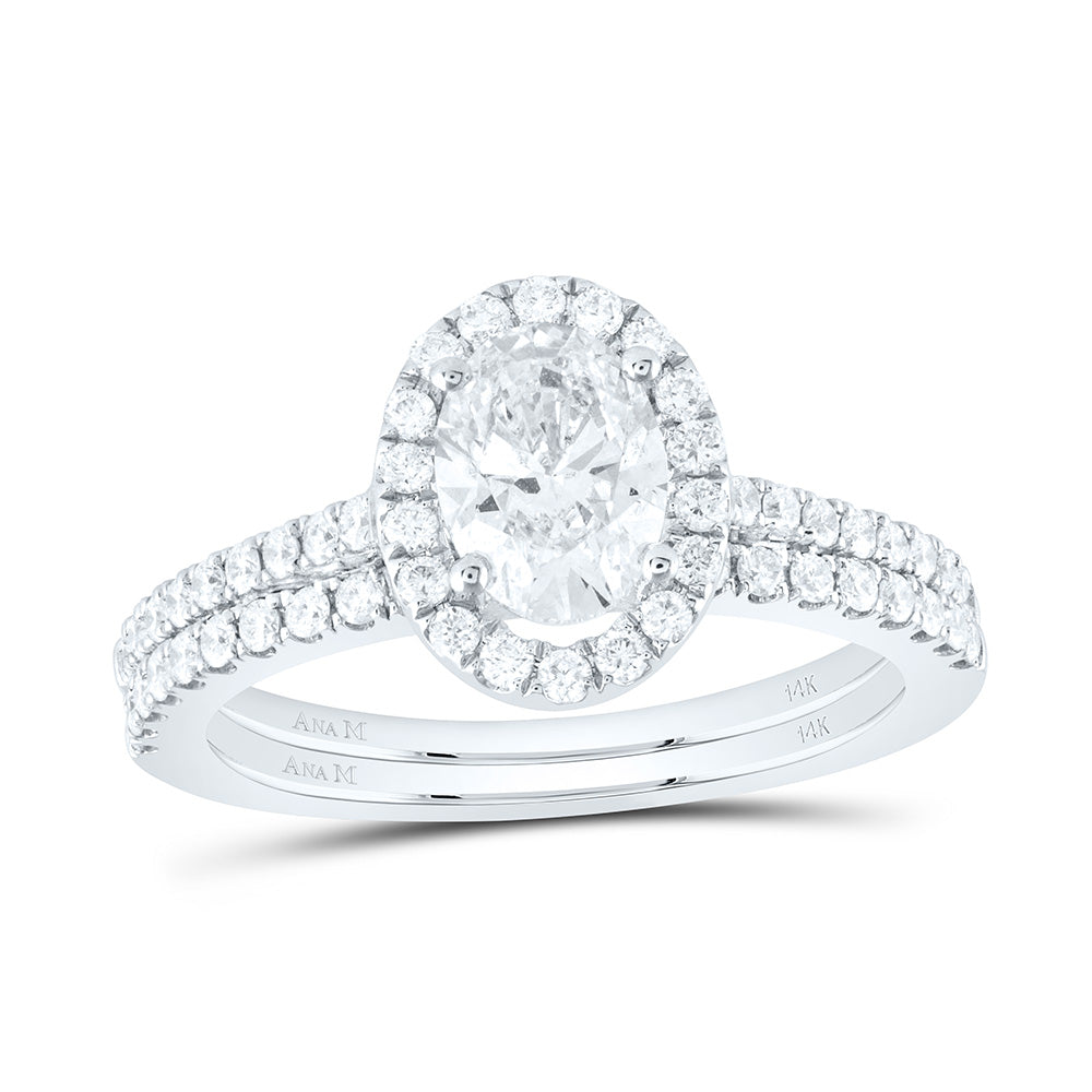 14kt White Gold Oval Diamond Halo Bridal Wedding Ring Band Set 1-1/2 Cttw