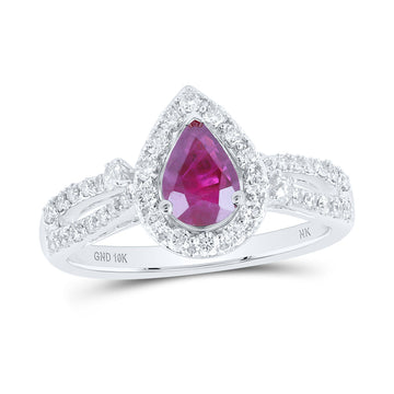 10kt White Gold Womens Pear Ruby Diamond Fashion Ring 1-5/8 Cttw