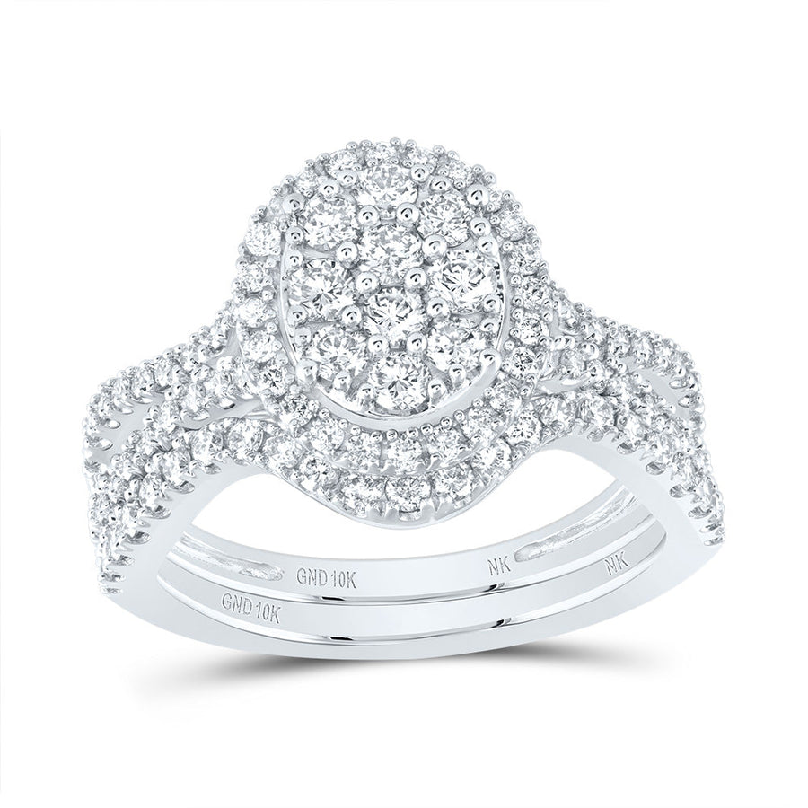 10kt White Gold Round Diamond Oval-shape Bridal Wedding Ring Band Set 1 Cttw