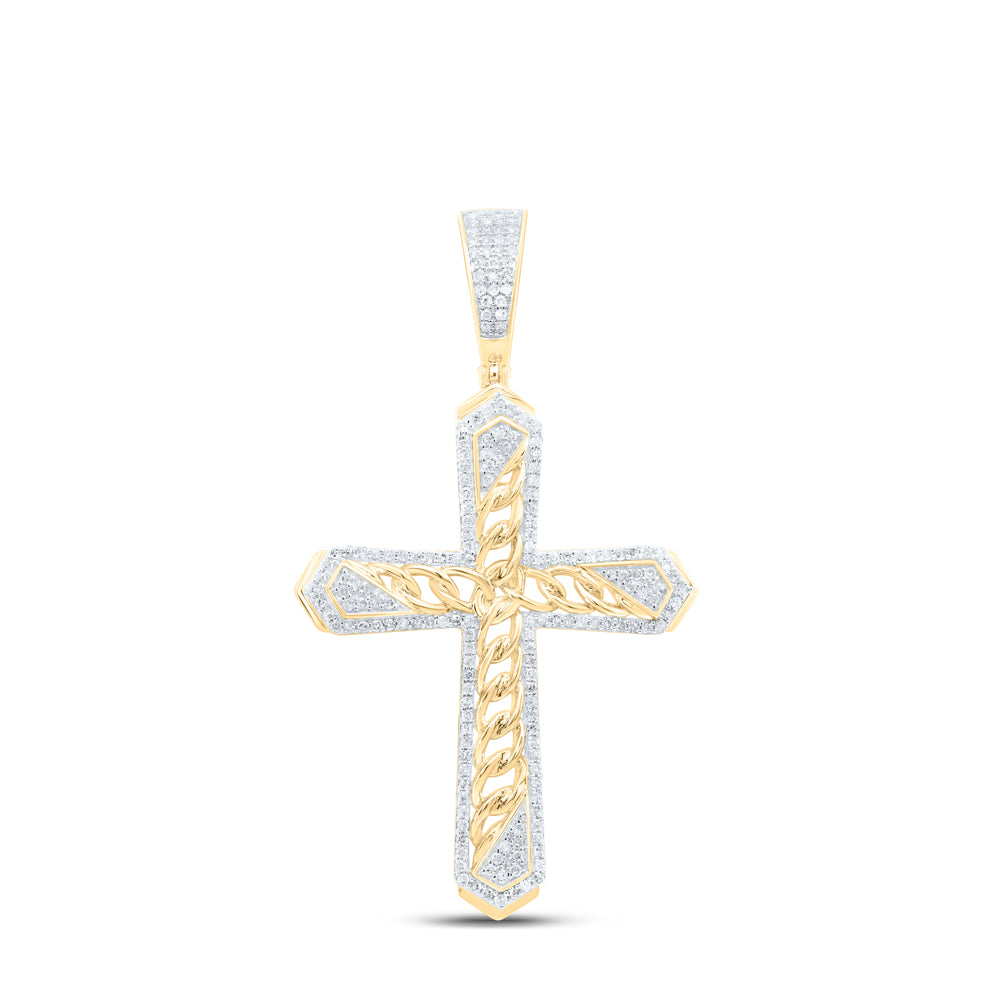 10kt Yellow Gold Mens Round Diamond Cuban Link Cross Charm Pendant 1/2 Cttw