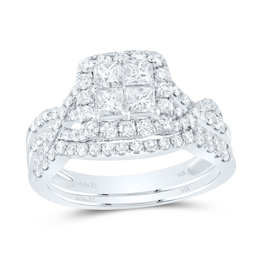 14kt White Gold Princess Diamond Square Bridal Wedding Ring Band Set 1-1/2 Cttw