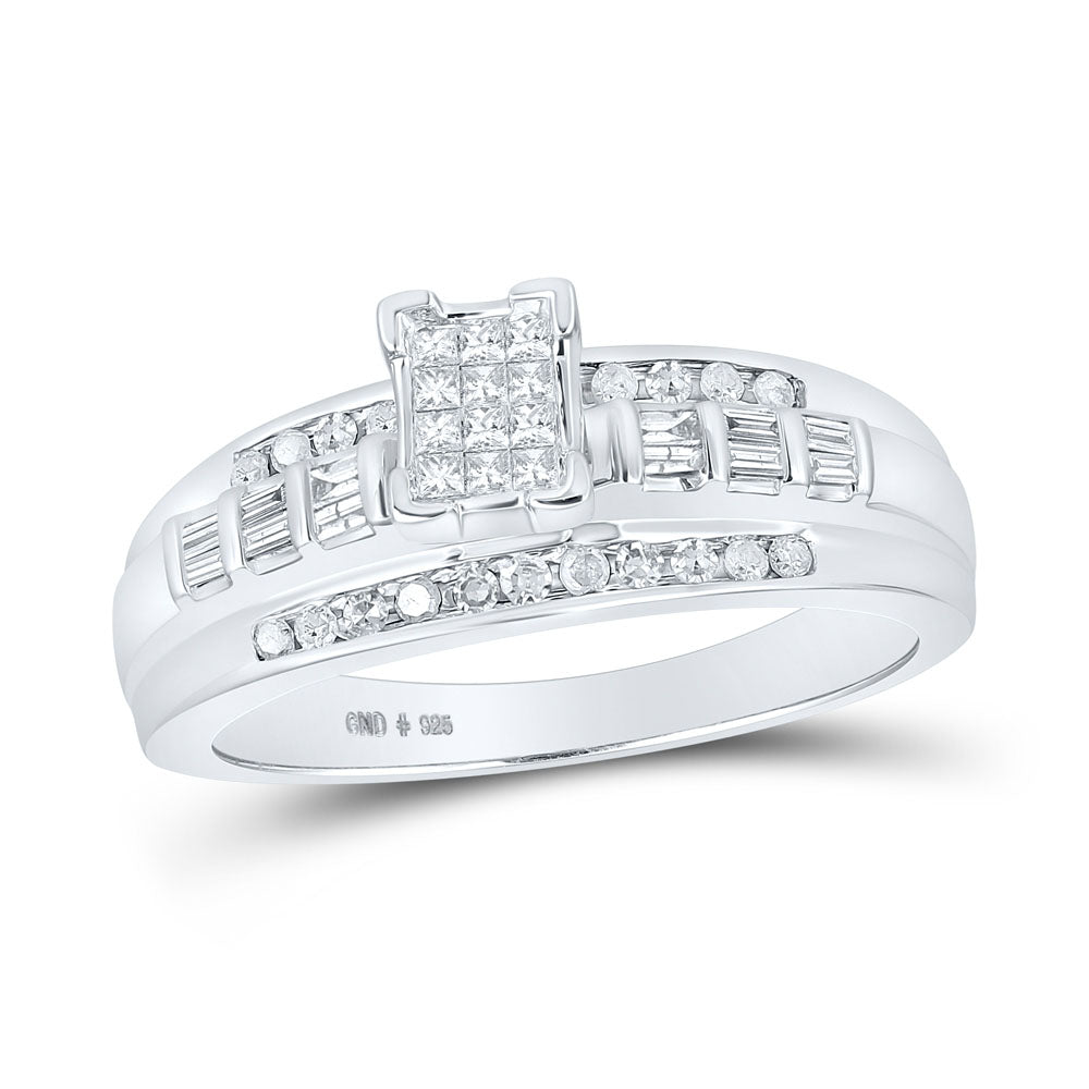 Sterling Silver Princess Diamond Square Cluster Bridal Wedding Engagement Ring 1/3 Cttw
