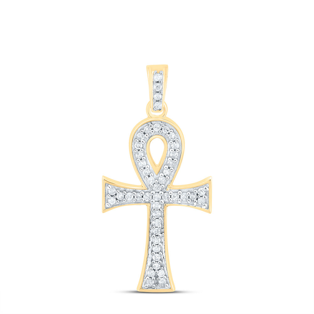 10kt Yellow Gold Mens Round Diamond Ankh Cross Charm Pendant 1/5 Cttw