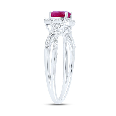 10kt White Gold Womens Heart Ruby Diamond Halo Ring 1 Cttw