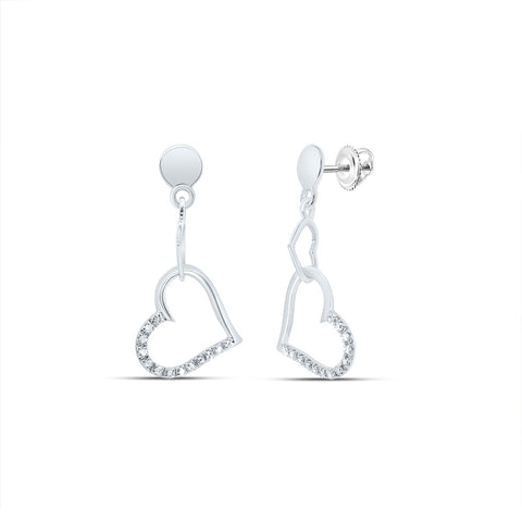 10kt White Gold Womens Round Diamond Heart Dangle Earrings 1/10 Cttw