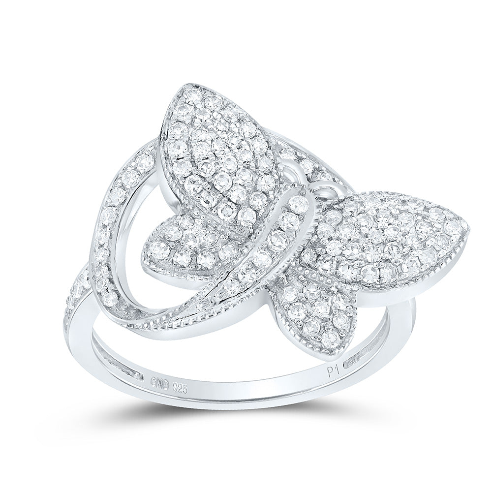 Sterling Silver Womens Round Diamond Butterfly Ring 1/2 Cttw