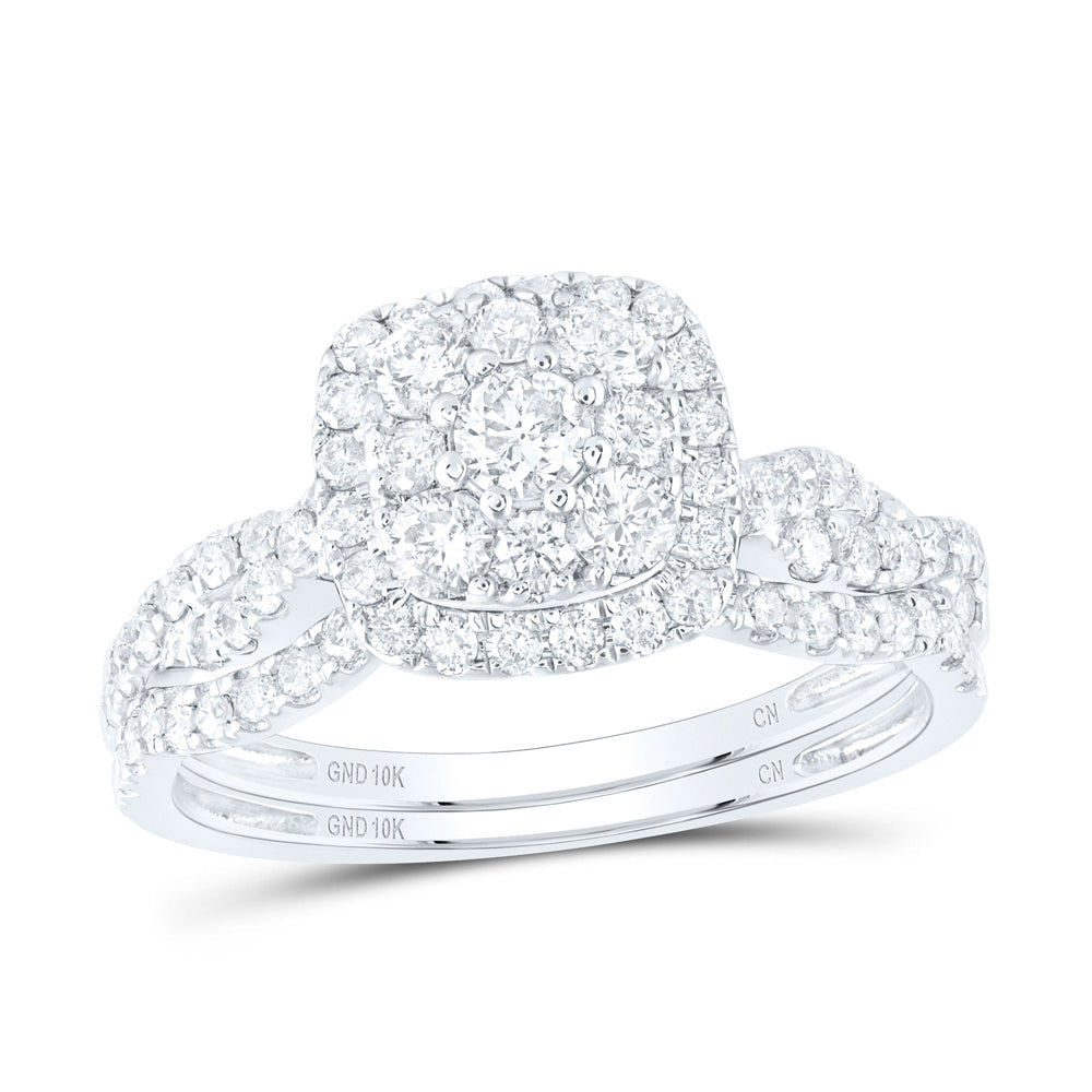 10kt White Gold Round Diamond Square Cluster Bridal Wedding Ring Band Set 1 Cttw