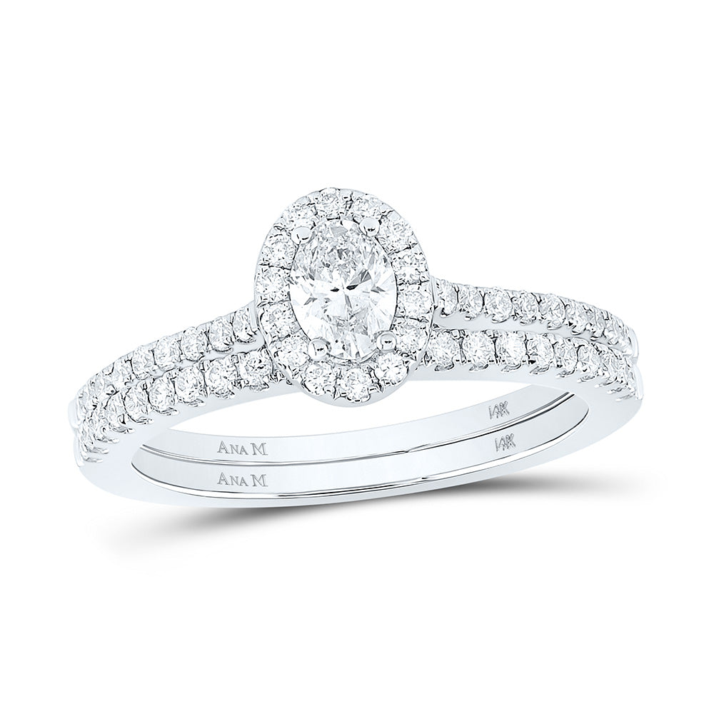 14kt White Gold Oval Diamond Oval Halo Bridal Wedding Ring Band Set 7/8 Cttw