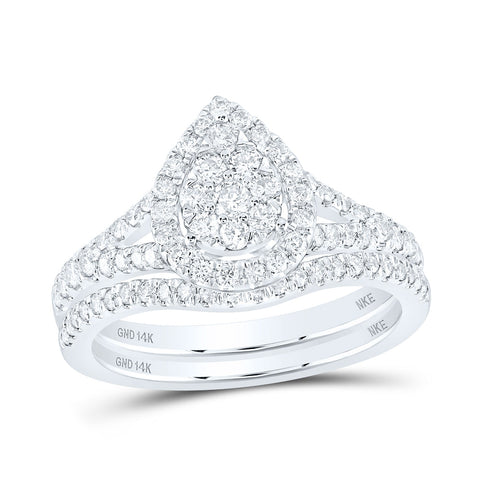 14kt White Gold Round Diamond Teardrop Bridal Wedding Ring Band Set 3/4 Cttw