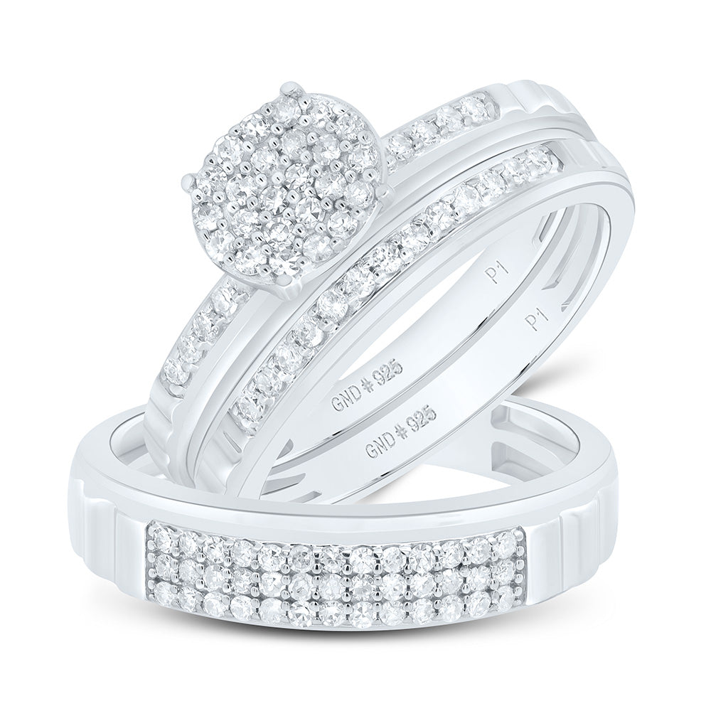 Sterling Silver His Hers Round Diamond Oval Matching Wedding Set 1/2 Cttw