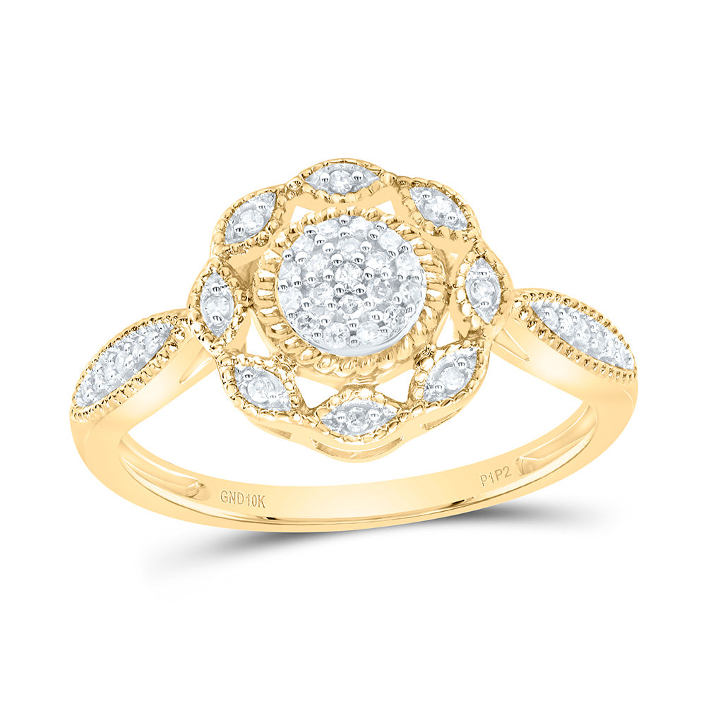 10kt Yellow Gold Womens Round Diamond Milgrain Cable Cluster Ring 1/8 Cttw