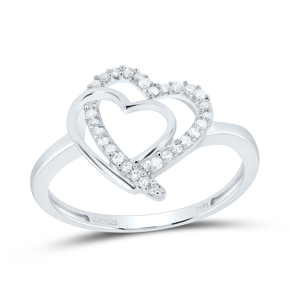 Sterling Silver Womens Round Diamond Double Heart Ring 1/6 Cttw