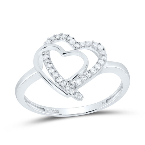 Sterling Silver Womens Round Diamond Double Heart Ring 1/6 Cttw