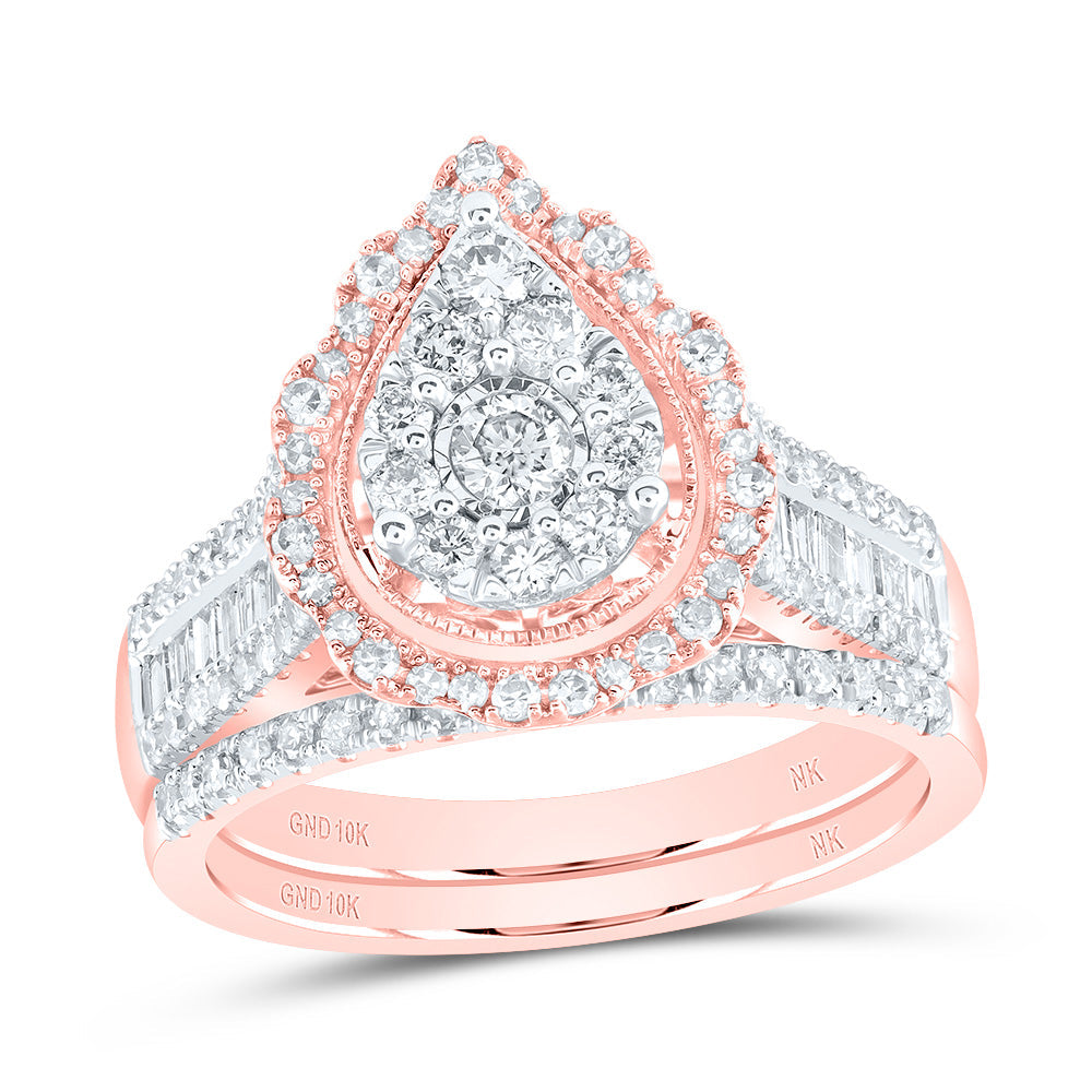 10kt Rose Gold Round Diamond Teardrop Bridal Wedding Ring Band Set 1 Cttw