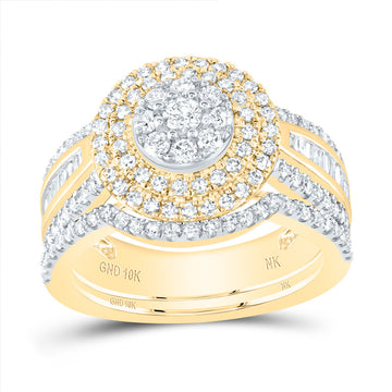 10kt Yellow Gold Round Diamond Cluster Bridal Wedding Ring Band Set 1-1/4 Cttw