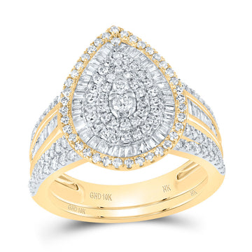10kt Yellow Gold Round Diamond Teardrop Bridal Wedding Ring Band Set 1-1/5 Cttw