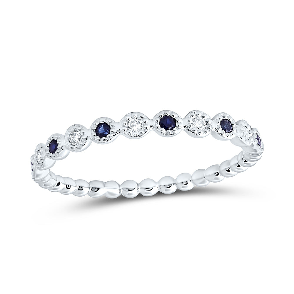 10kt White Gold Womens Round Blue Sapphire Diamond Beaded Dot Stackable Band Ring 1/6 Cttw