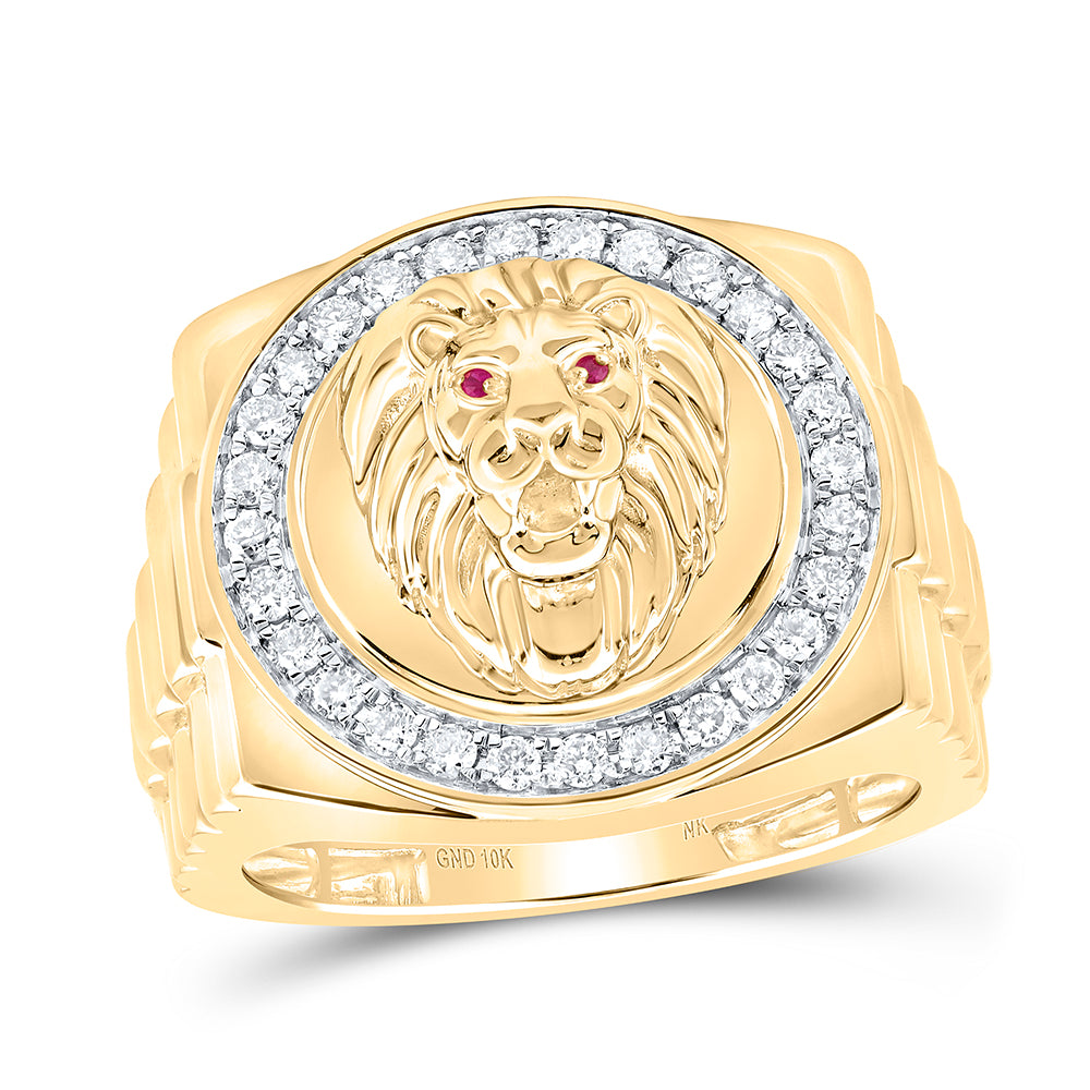 10kt Yellow Gold Mens Round Diamond Lion Face Circle Ring 1/2 Cttw