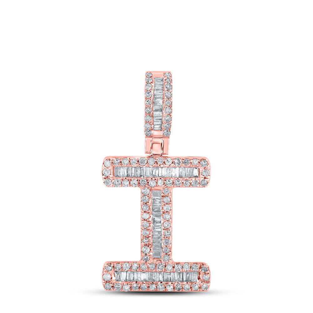 10kt Rose Gold Mens Baguette Diamond I Initial Letter Pendant 3/8 Cttw