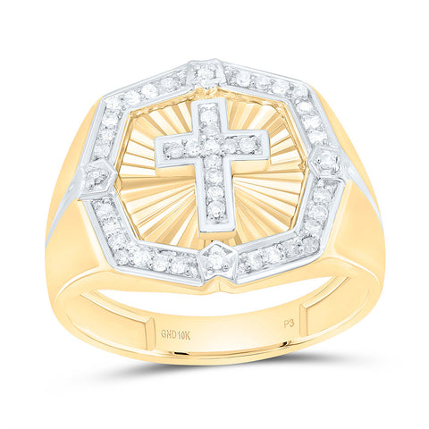 10kt Yellow Gold Mens Round Diamond Cross Ring 1/4 Cttw