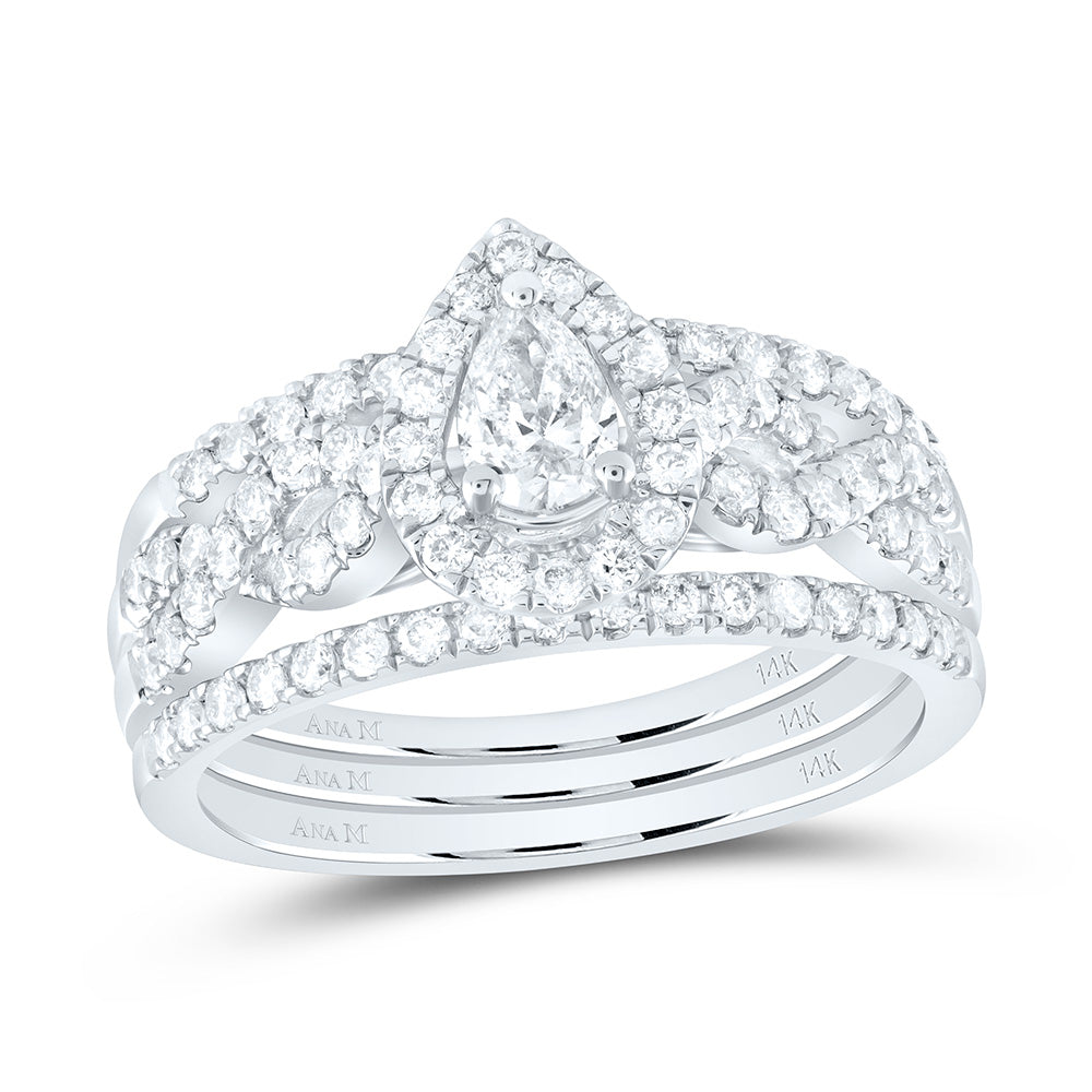 14kt White Gold Pear Diamond 3-Piece Bridal Wedding Ring Band Set 7/8 Cttw
