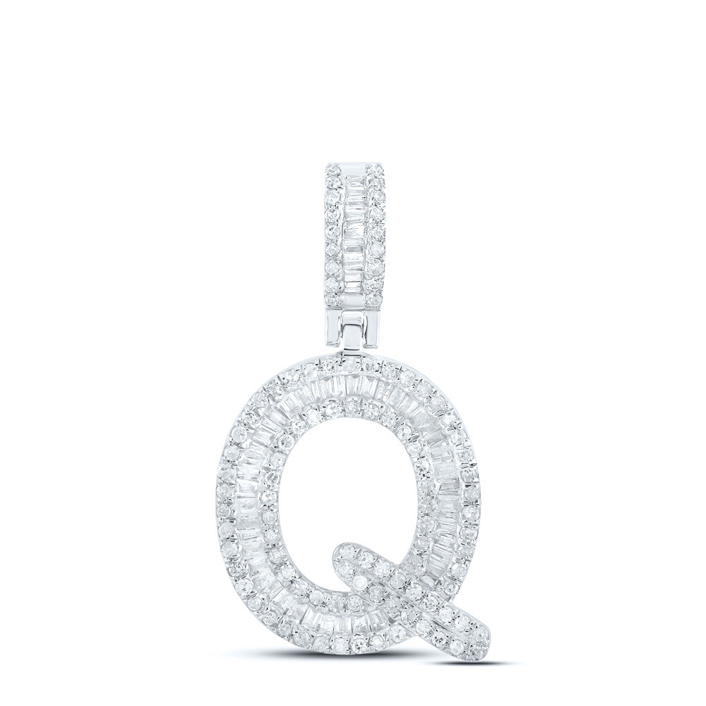 10kt White Gold Mens Baguette Diamond Q Initial Letter Pendant 1/2 Cttw