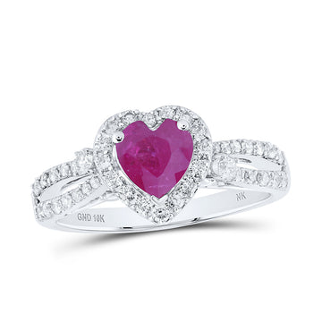 10kt White Gold Womens Heart Ruby Diamond Halo Ring 1-1/3 Cttw