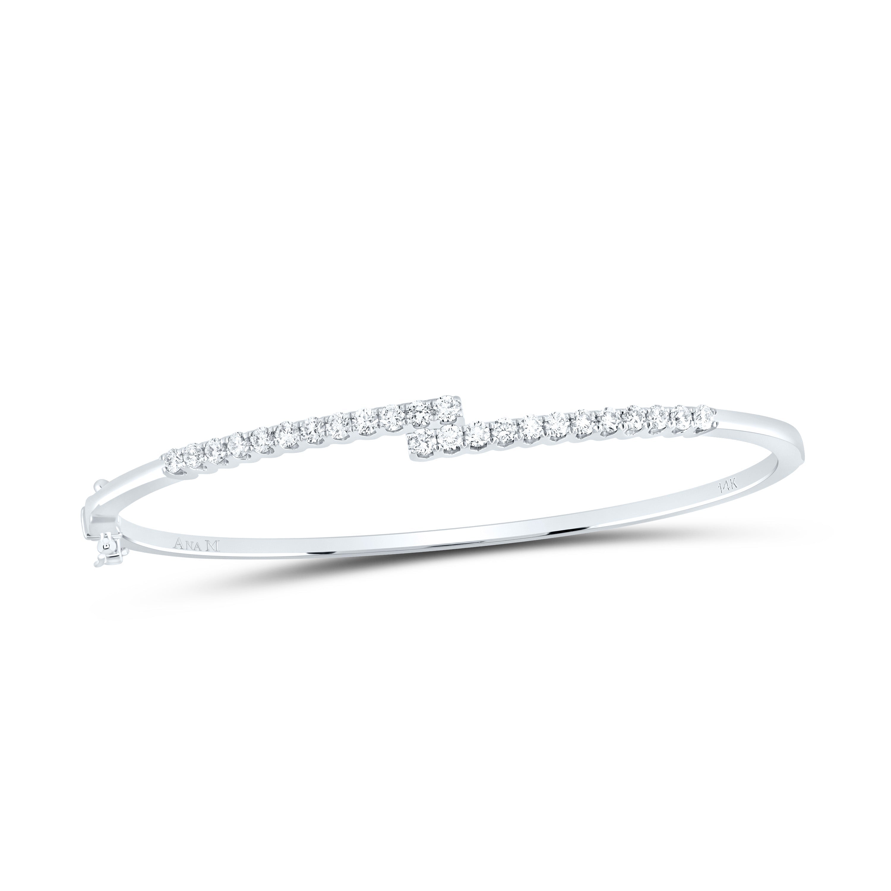 14kt White Gold Womens Round Diamond Bypass Bangle Bracelet 1 Cttw