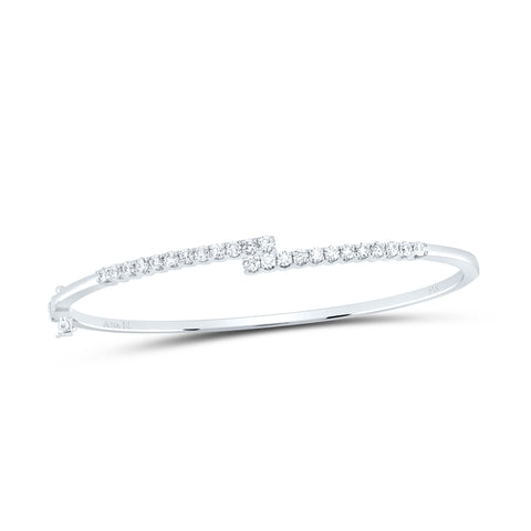 14kt White Gold Womens Round Diamond Bypass Bangle Bracelet 1 Cttw
