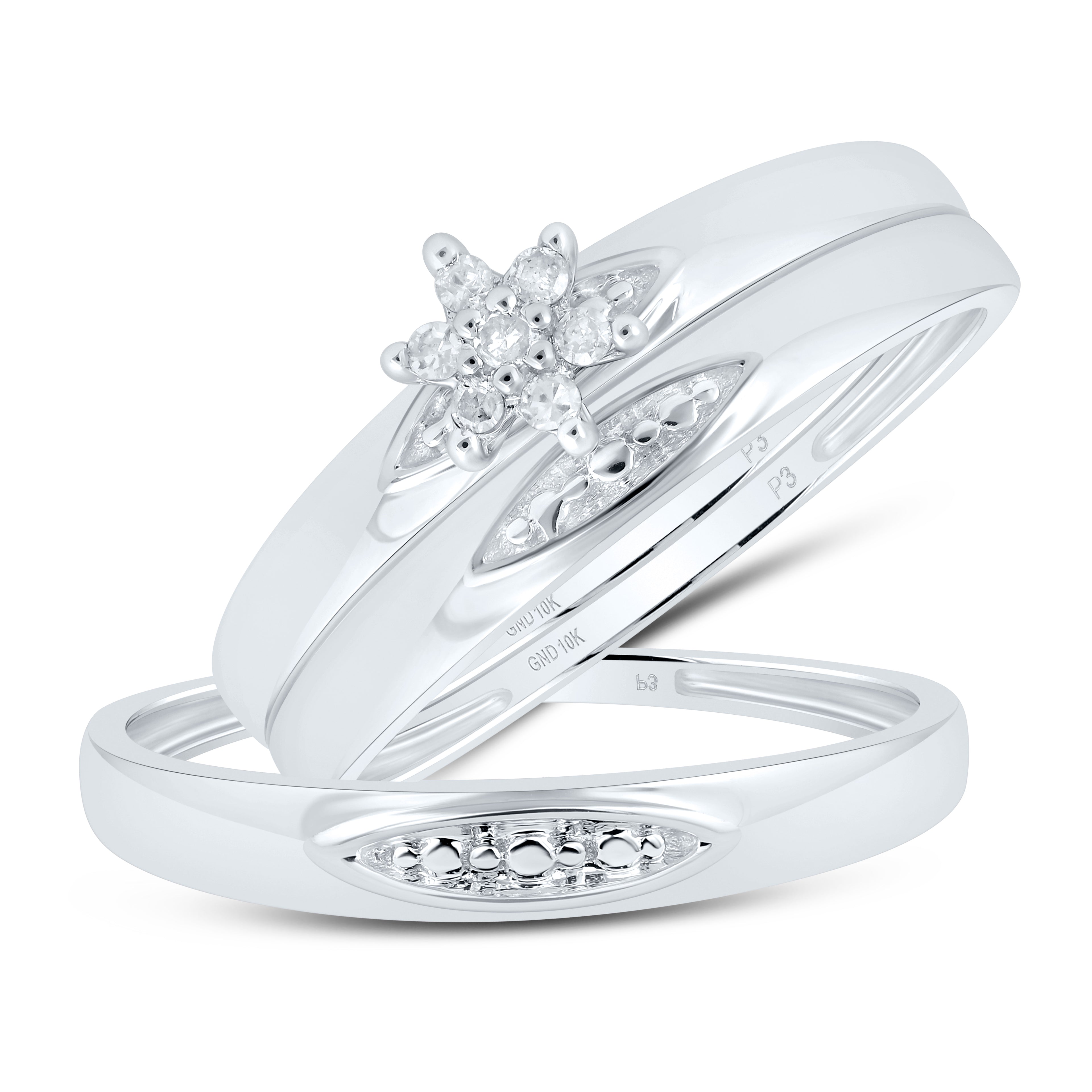 10kt White Gold His Hers Round Diamond Cluster Matching Wedding Set 1/12 Cttw