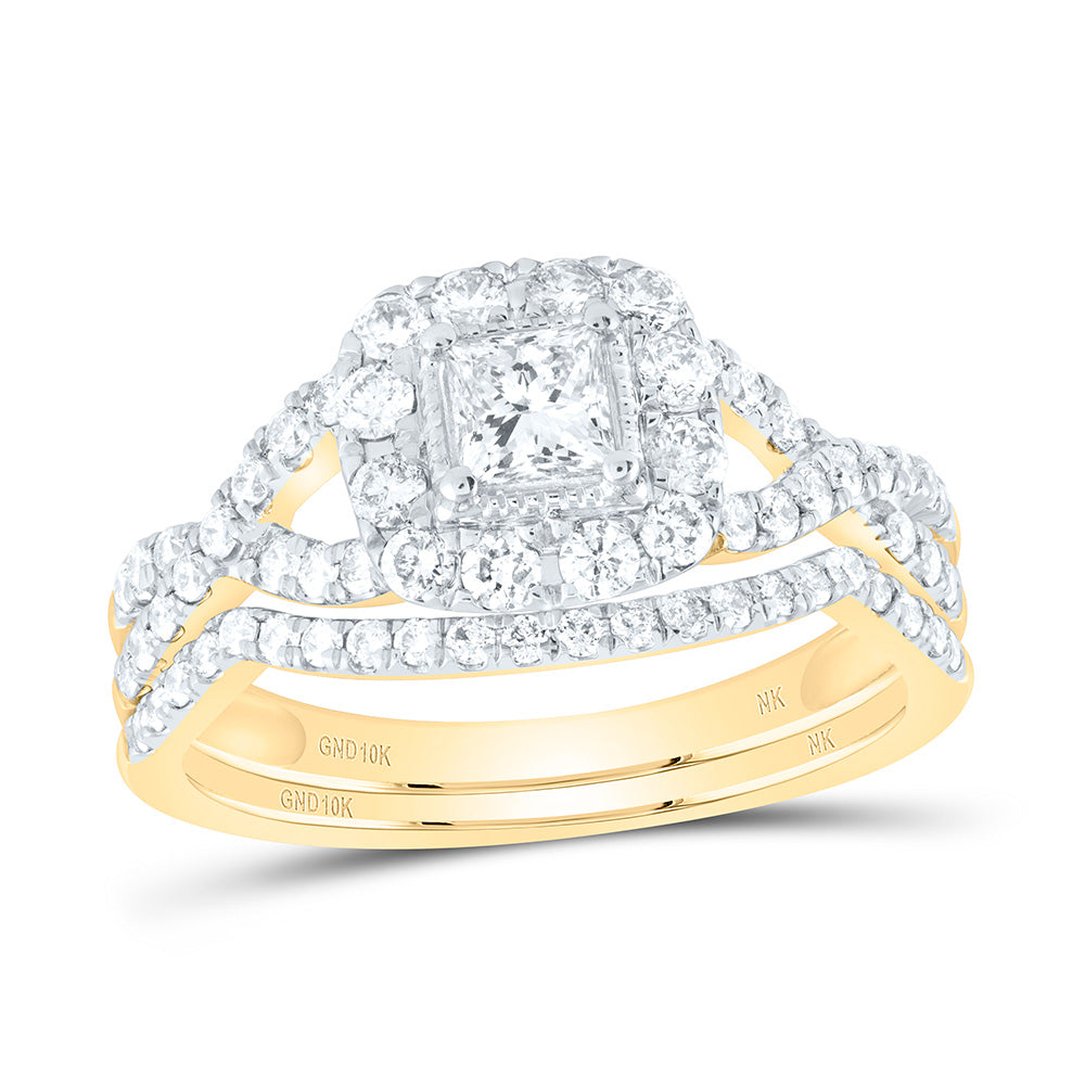10kt Yellow Gold Princess Diamond Halo Bridal Wedding Ring Band Set 1 Cttw