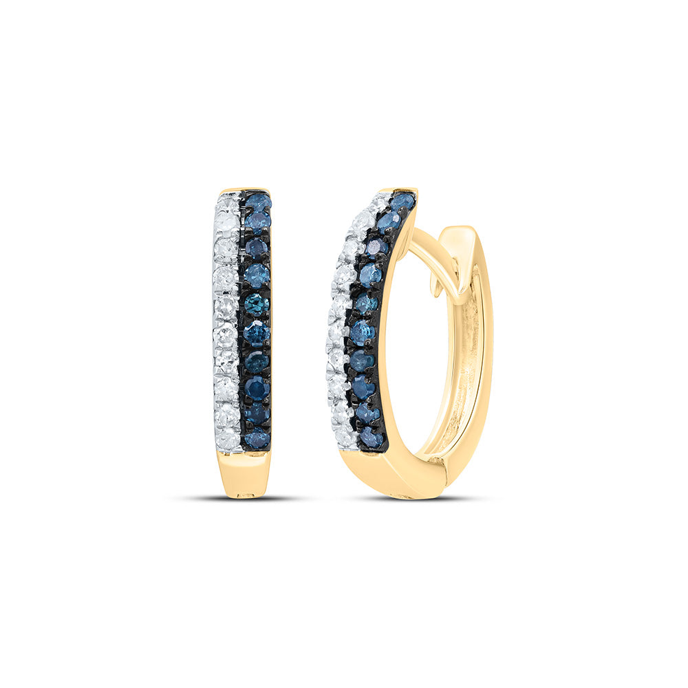 10kt Yellow Gold Womens Round Blue Color Enhanced Diamond Huggie Earrings 1/5 Cttw
