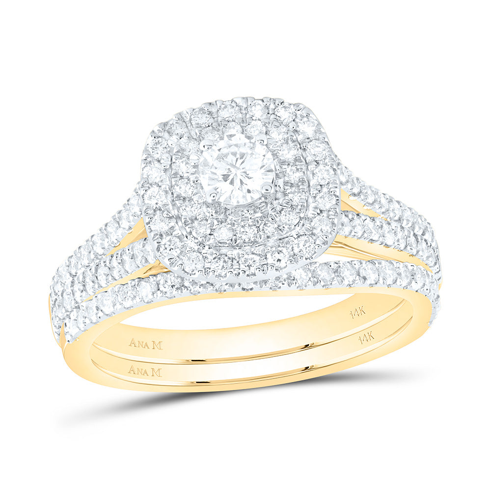 14kt Yellow Gold Round Diamond Halo Bridal Wedding Ring Band Set 1 Cttw