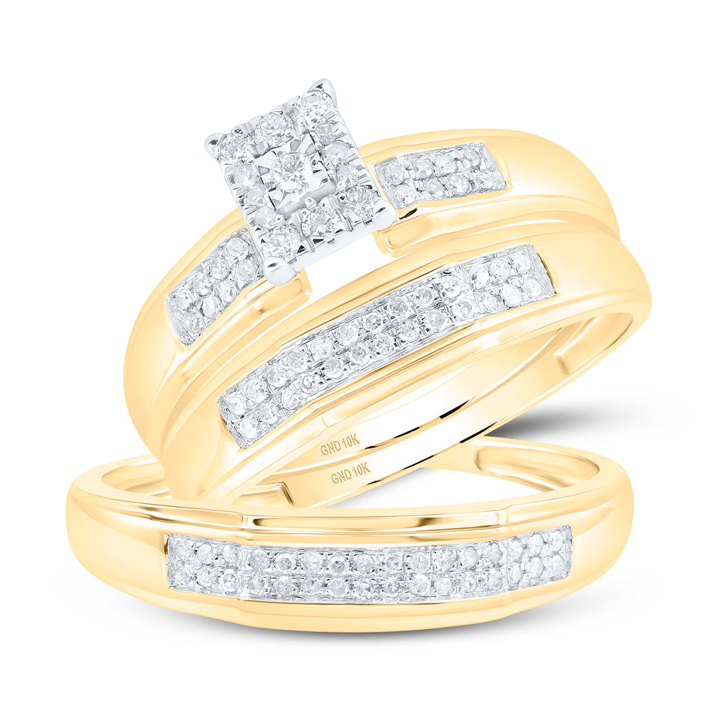 10kt Yellow Gold His Hers Round Diamond Cluster Matching Wedding Set 1/3 Cttw