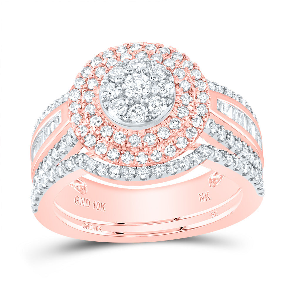 10kt Rose Gold Round Diamond Cluster Bridal Wedding Ring Band Set 1-1/4 Cttw